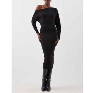 Karen Millen XL Asymmetrical Off Shoulder Knit Midi Dress Black